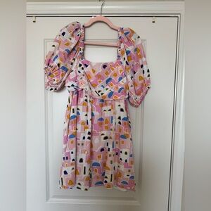 CROSBY by Mollie Burch Pink Multicolor Puff Sleeve Midi Dress